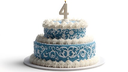 Food, Sweet, 4th Birthday Cake, Blue, Photo Realistic, White Background, Wallpaper, Cover and Screen for Smartphone, PC, Laptop, 9:16 and 16:9 Format