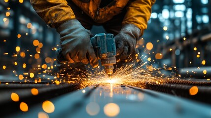 Poster - A worker in protective gloves operates a power drill, generating bright sparks as they engage in metalwork. The setting is an industrial workshop illuminated by soft, ambient lighting.