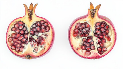 A fresh, ripe pomegranate with one half cut open, isolated against a white background.