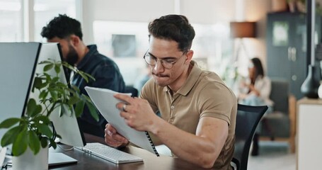 Leinwandbilder - Computer, documents and web development with man software engineer in office for coding or programming. PC, reading and typing with employee in workplace for online research or website infrastructure
