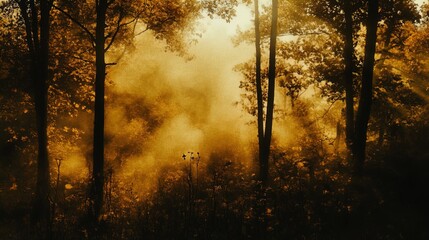 Wall Mural - A serene forest scene captured during the golden hour, where sunlight filters through the trees, creating a warm and ethereal atmosphere. The foreground features silhouettes of tall trees, their trunk