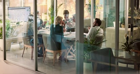 Aufkleber - Glass, meeting and business people in office, applause and celebration with happiness. Employees, group and coworkers with gesture, clapping and achievement with success, creative project or teamwork