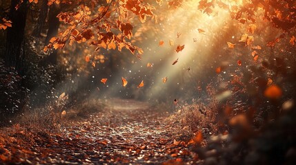 Wall Mural - A serene autumn landscape is captured in this image, showcasing a path lined with fallen leaves. The sunlight filters through the trees, casting a warm, golden glow over the scene. Vivid orange and ye