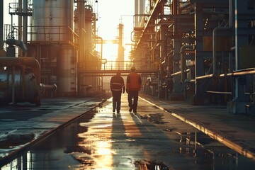 Two engineers walking in a petroleum oil refinery