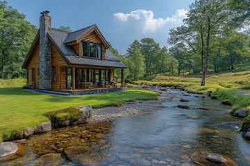 Wall Mural - A serene wooden house by a flowing stream, surrounded by lush greenery and a clear sky.