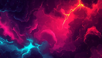 Wall Mural - Abstract digital art with vibrant red, pink, and blue clouds and lightning.