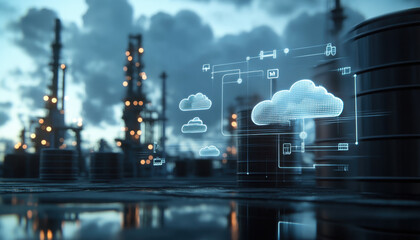 Aufkleber - Holographic icons of clouds and intelligent technology on the background of an oil refinery.