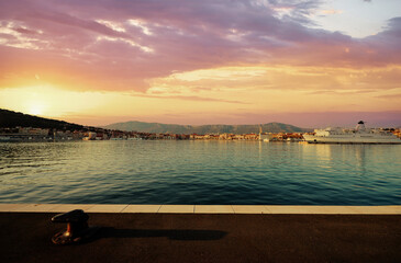 Wall Mural - Croatian sea pier in Split town on sunset