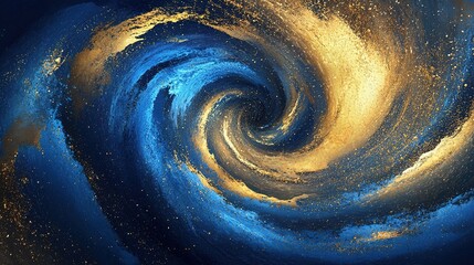 Poster - Blue and gold particle vortex with dynamic swirl and wind blowing effect in motion for artistic background
