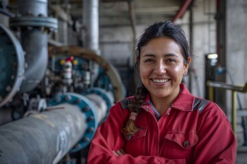 portrait of a smiling young hispanic female engineer at hydroelectric plant