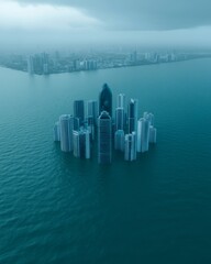 Wall Mural - An aerial view of a city skyline emerging from the water with overcast skies in the background.