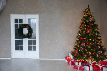 Wall Mural - Christmas Tree With Gifts Decorated With Toys Interior For New Year As Background