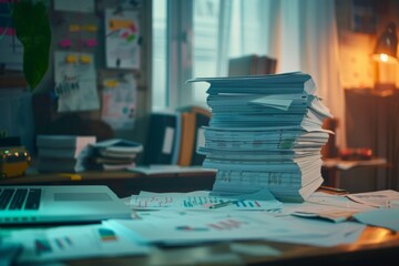 Collection of business analytics charts and graphs stacked on each other on paper on desk in office