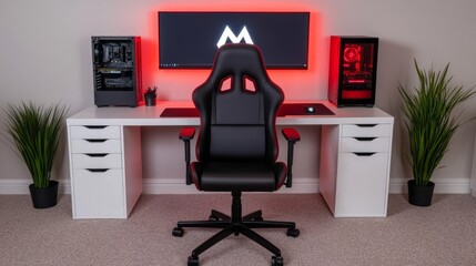 Poster - Black gaming chair in a minimalist white gaming setup with red LED lights.