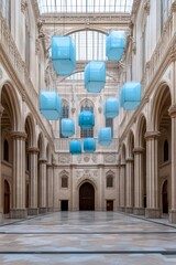 Poster - Blue geometric sculptures hanging in a grand hall with arched windows and stone pillars.