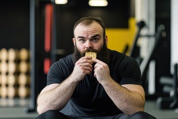 Minimalist Stock Photography: Bearded Man in Gym Setting Eating a Snack