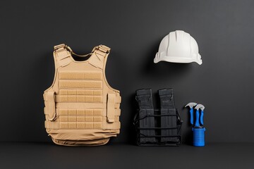 Detailed images of body armor covers, bulletproof vests, helmets, and other military gear on a black background