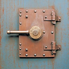 Close up of an old, rusty, metal vault door with a combination lock and handle.