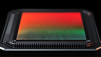 Canvas Print - Close-up of a computer chip with glowing lines and a red and green color gradient.