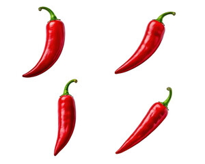 Four vibrant red chili peppers arranged on a black background, showcasing their glossy texture and distinct shape.