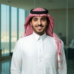 Wall Mural - Smiling middle eastern Saudi businessman in modern office