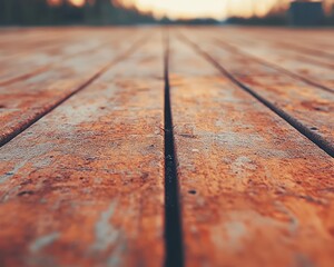 Canvas Print - Close-up of a wooden boardwalk at sunset.