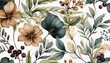 floral pattern transparent botanical art. seamless pattern with drawing watercolor abstract flowers and plants