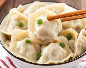 Canvas Print - Close-up of chopsticks picking up a delicious Chinese dumpling from a bowl.