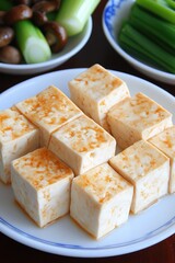 Canvas Print - Close-up of cubed tofu with sauce on a white plate.