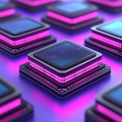 Wall Mural - Close-up of glowing blue and pink computer processors.