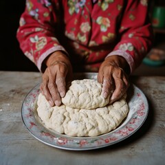 Canvas Print - Close-up of hands shaping dough on a plate.