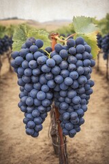 Close-up of ripe red grapes hanging on a vine in a vineyard.