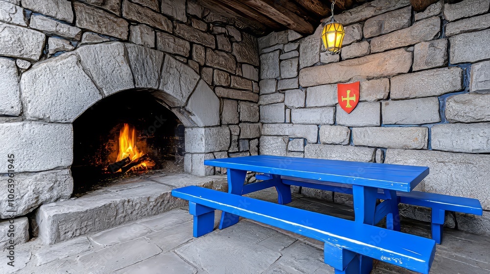 The image depicts a medieval tavern inn bar with a large open fireplace ...