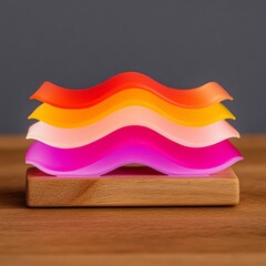 Poster - Colorful abstract wavy light sculpture on wooden base.