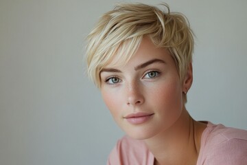 Wall Mural - Young woman with short blonde hair and freckles in a light pink top posing in a bright setting