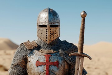 In the background, a medieval knight wears silver armor against a battlefield background. Stock image