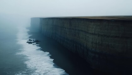 Wall Mural - Dramatic cliffside with crashing waves and fog in the distance.