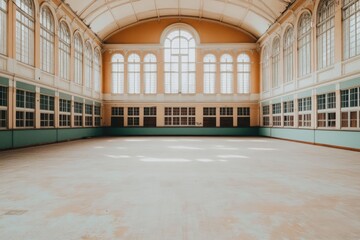 Poster - Empty interior space with large windows and high ceilings in an old abandoned building.