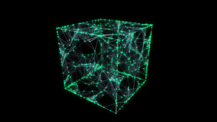 Poster - Abstract green cube on black background. Wireframe square structure with glowing particles and lines. Futuristic digital illustration. 3D rendering.