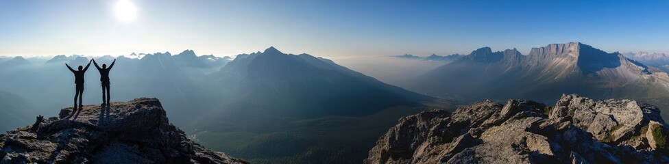Wall Mural - A panoramic view of two silhouettes standing on the edge of an alpine mountain, overlooking vast mountains and foggy valleys below Generative AI