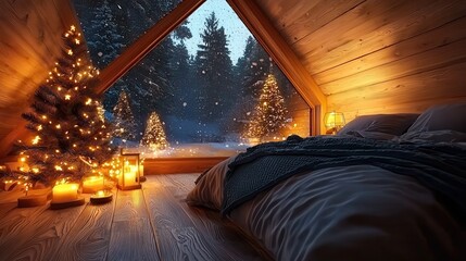 A cozy bedroom with a festive Christmas tree, glowing lights, and a scenic view of snowy woods outside.