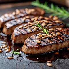 Canvas Print - Four grilled, balsamic glazed pork tenderloins with sunflower seeds and rosemary sprigs.