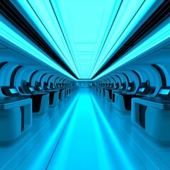 Wall Mural - Futuristic hallway with glowing blue lights and futuristic booths.