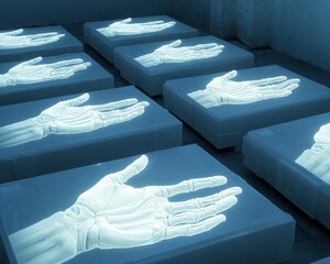 Canvas Print - Glowing skeletal hands on a grid of platforms.