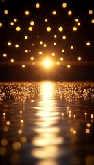 Wall Mural - Golden sunset over water with bokeh lights.