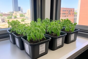 Canvas Print - Green plant seedlings in black pots on a windowsill, with a city view behind them.