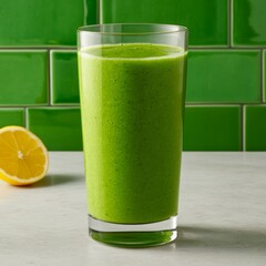 Poster - Green smoothie in tall glass with lemon slice on white countertop.