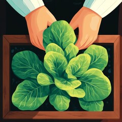 Wall Mural - Hands planting fresh green lettuce in a wooden planter box.