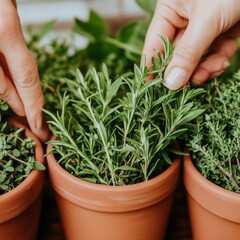 Wall Mural - Hands picking fresh rosemary from a terracotta pot surrounded by other herbs.