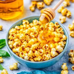 Canvas Print - Honey Drizzled Popcorn in Blue Bowl.